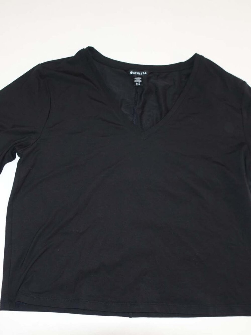 Athleta Womens Essential V-Neck Blouse Large Long Sleeves Black Cotton Blend Top